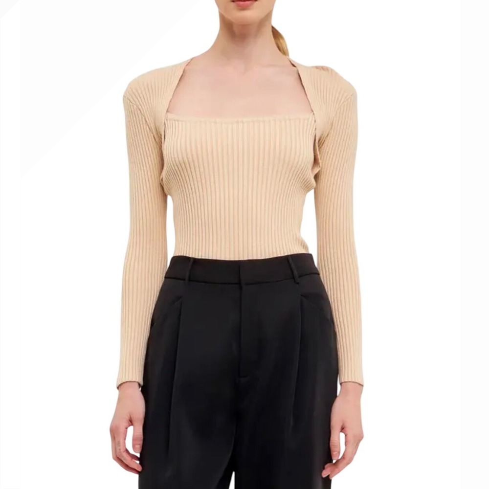Endless Rose Ribbed Knit Bolero Shrug Top Square Neck Long Sleeve‎ Tan Sweater